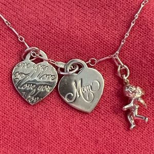 Tiffany & Co. Cherub Charm, I Love You Heart And Mom Heart On 24 Inch Chain